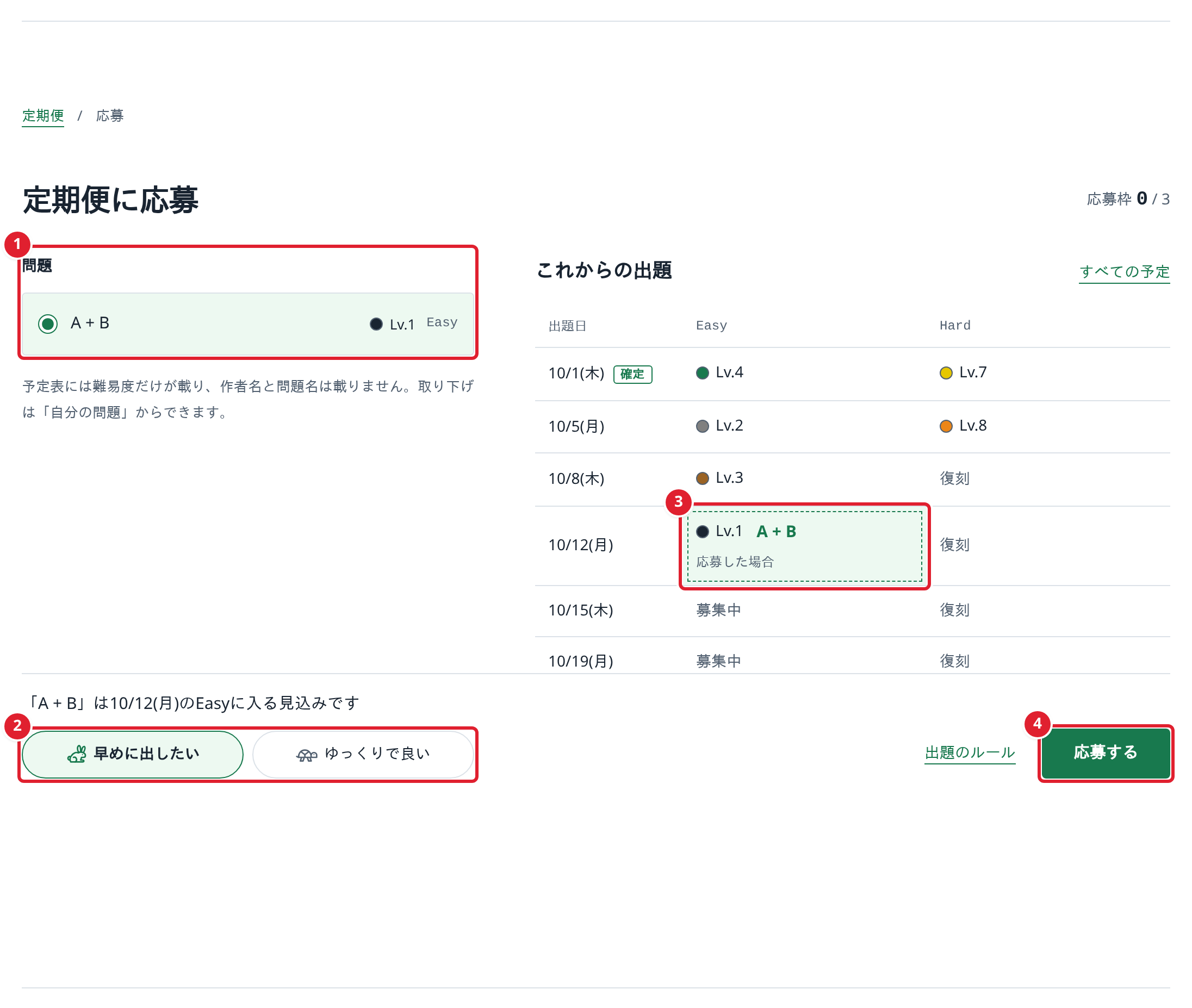 応募ページの①問題、②希望、③入る見込みの回、④応募する